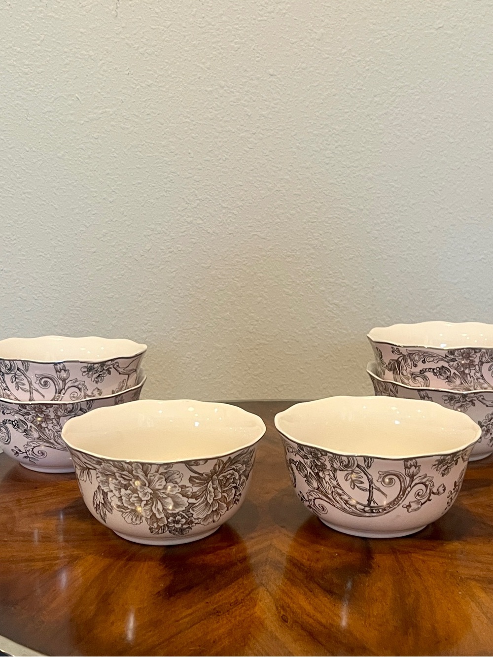 6 - 222 Fifth Adelaide Pink & SilverScalloped Edge 6”  Soup/Cereal Bowls